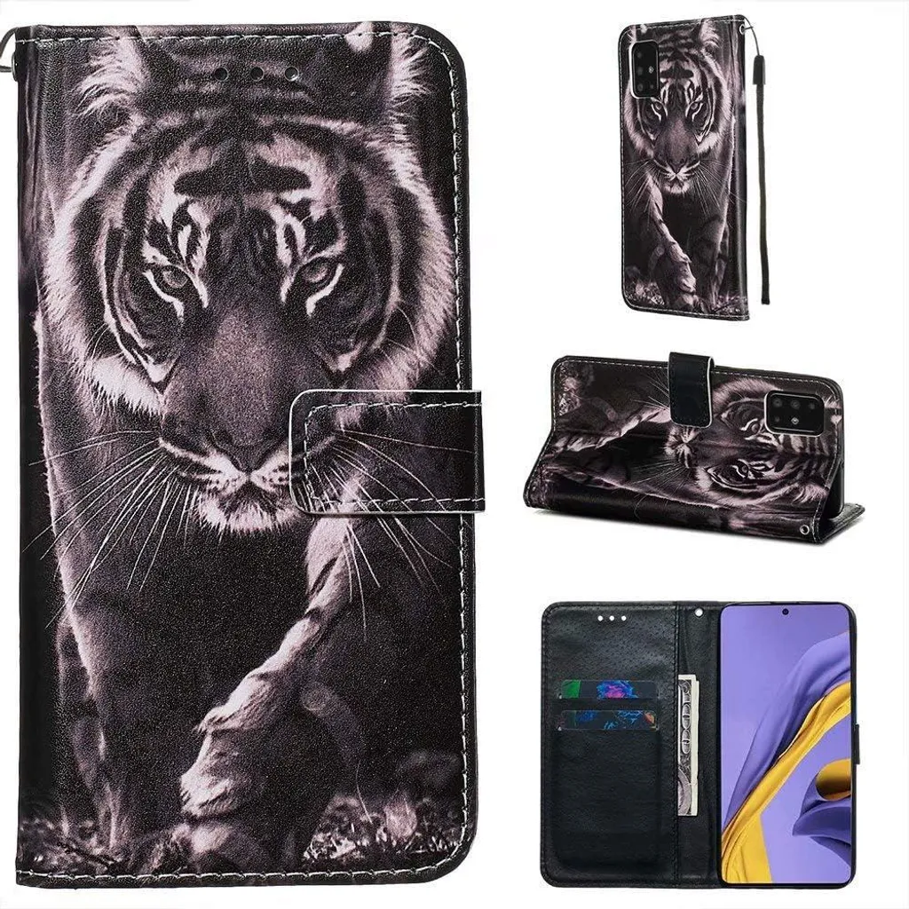 Protection Samsung Galaxy A51 avec porte-carte et rabat aimanté tigre