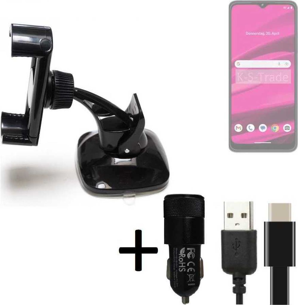 K-S-Trade Handy-Halterung kompatibel mit Telekom T Phone 2023 Windschutzscheibe / Armaturenbrett + LADEGERÄT mit Mico USB Kabel Autohalterung