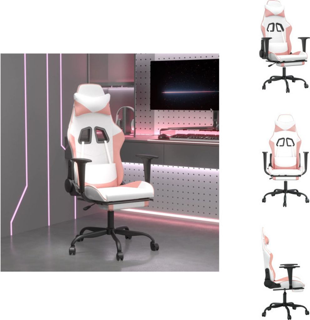 vidaXL Gaming-Stuhl mit Fußstütze Weiß und Rosa Kunstleder - Gaming-Sessel