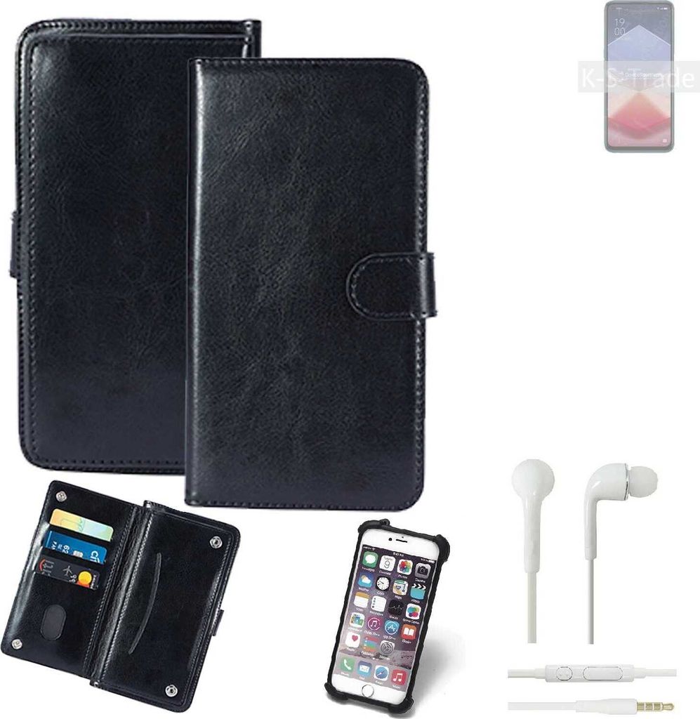 K-S-Trade 360° Hülle kompatibel mit Oppo K10 Vitality Edition inkl. Headphones schwarz Kunstleder Case BookCase WalletCase Kunstlederederhülle