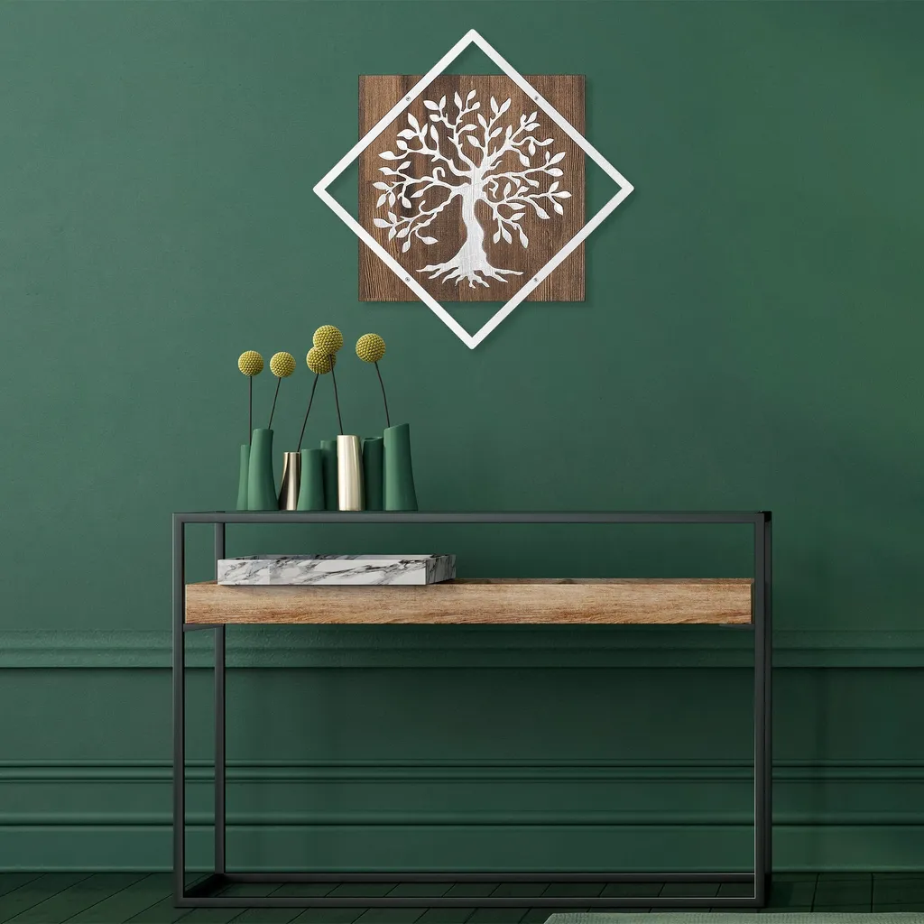 Wallity, Albero v2 - Argento, decorazione da parete, noce, metallo, 54 x 54 cm