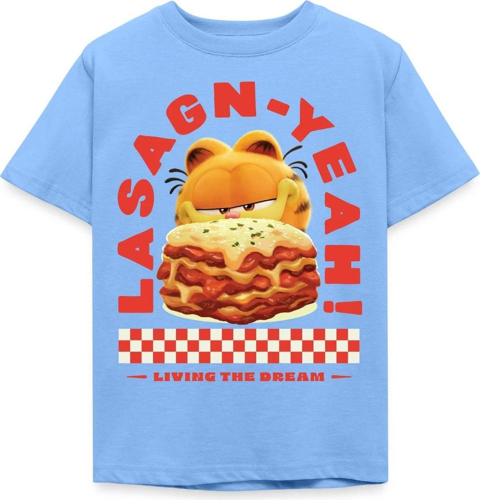 Spreadshirt Garfield Lasagn-Yeah Witziges Wortspiel-Design Kinder T-Shirt, 98/104 (3-4 Jahre), Himmelblau