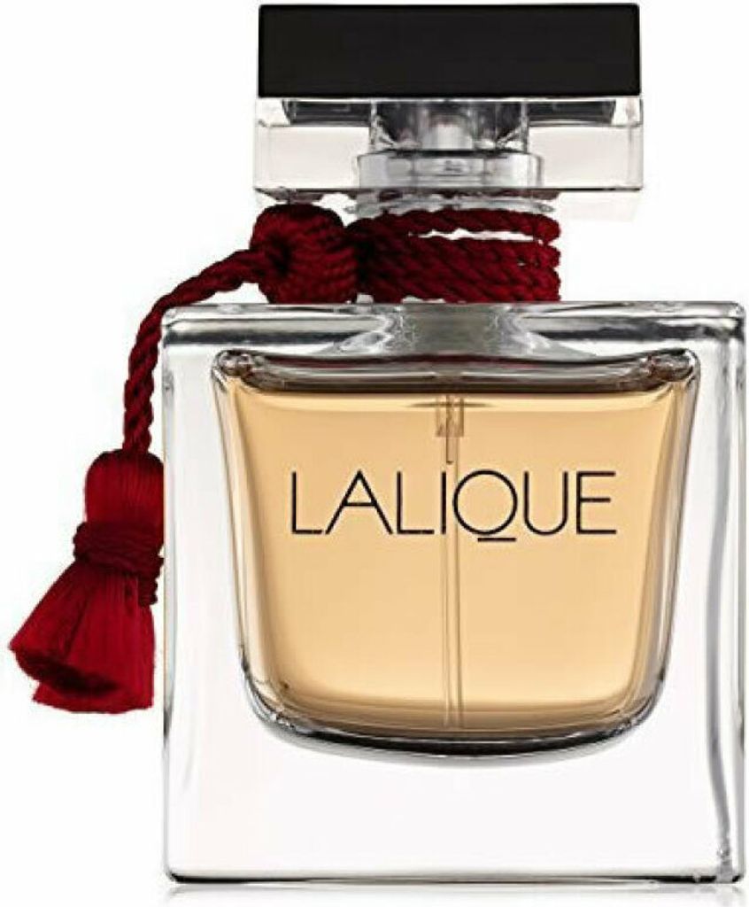 A clear, front-facing studio shot of a Lalique perfume bottle.