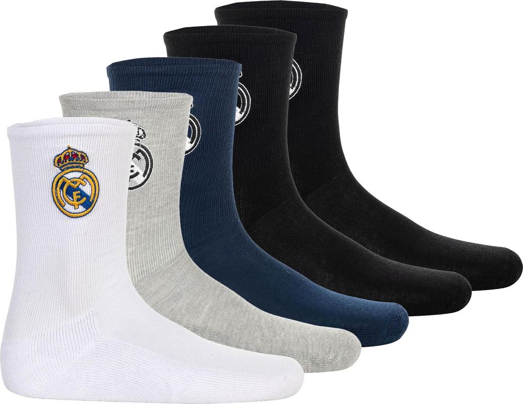 Real Madrid Kinder Socken, 5er Pack - Tennis Embroidery Socks, Emblem-Logo gestickt, Baumwollmischung, einfarbig Weiß/Schwarz/Dunkelblau/Grau 35-38