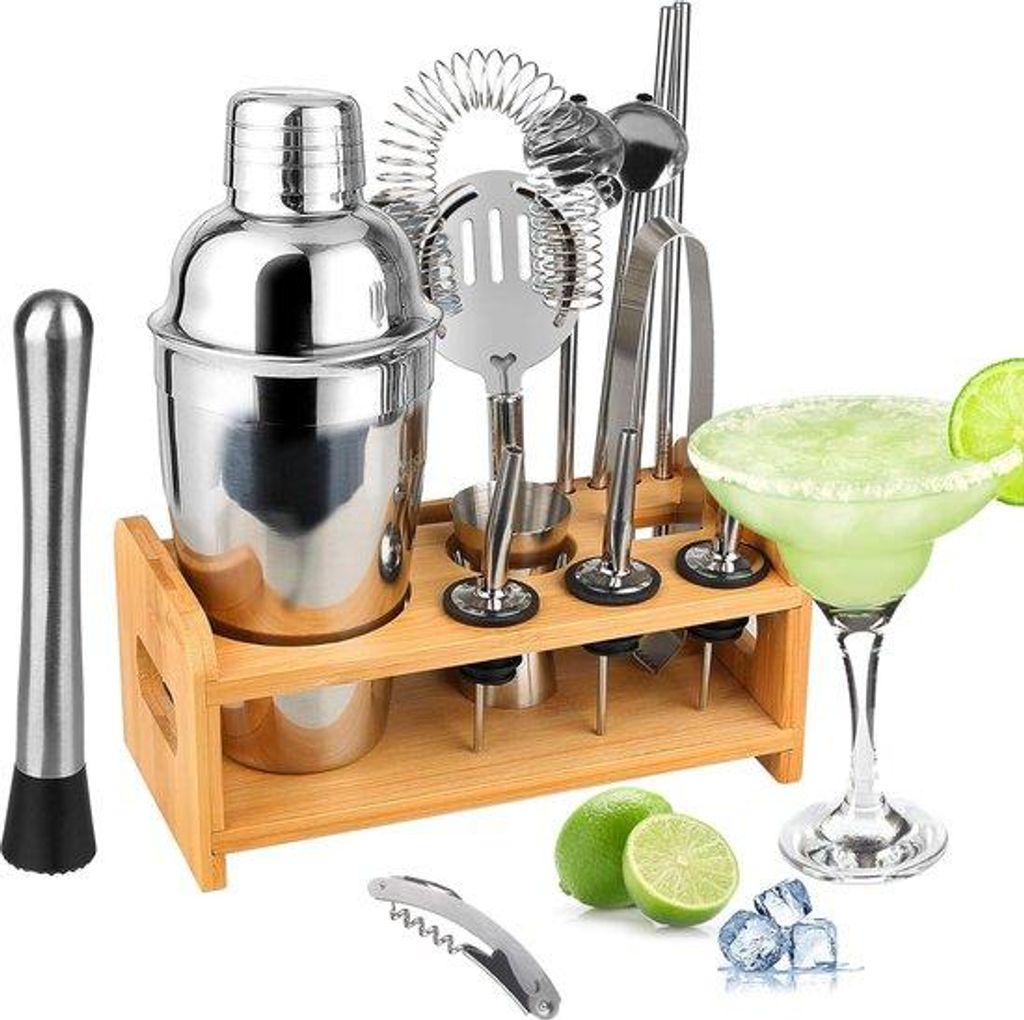 Bartender-Set mit Edelstahl-Tools und Holzstand