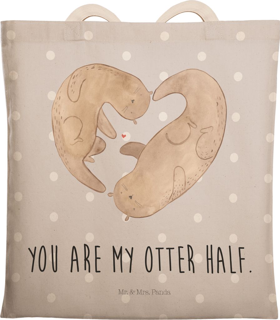 Mr. & Mrs. Panda Tote Bag Otter Herz - Grau Pastell - Geschenk, Liebe, Paar, Stoffbeutel, großer shopper, Tasche, Stofftragetasche, Beuteltasche, ...