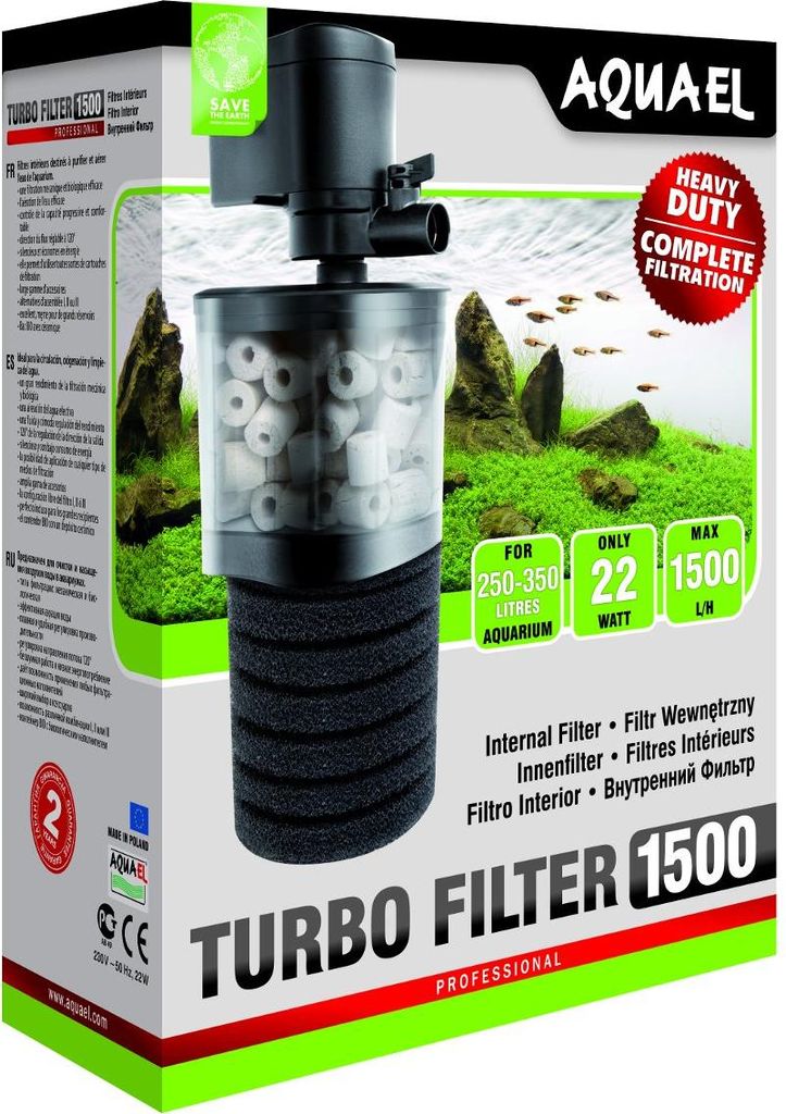 The image shows the retail packaging of an Aquael Turbo Filter 1500.