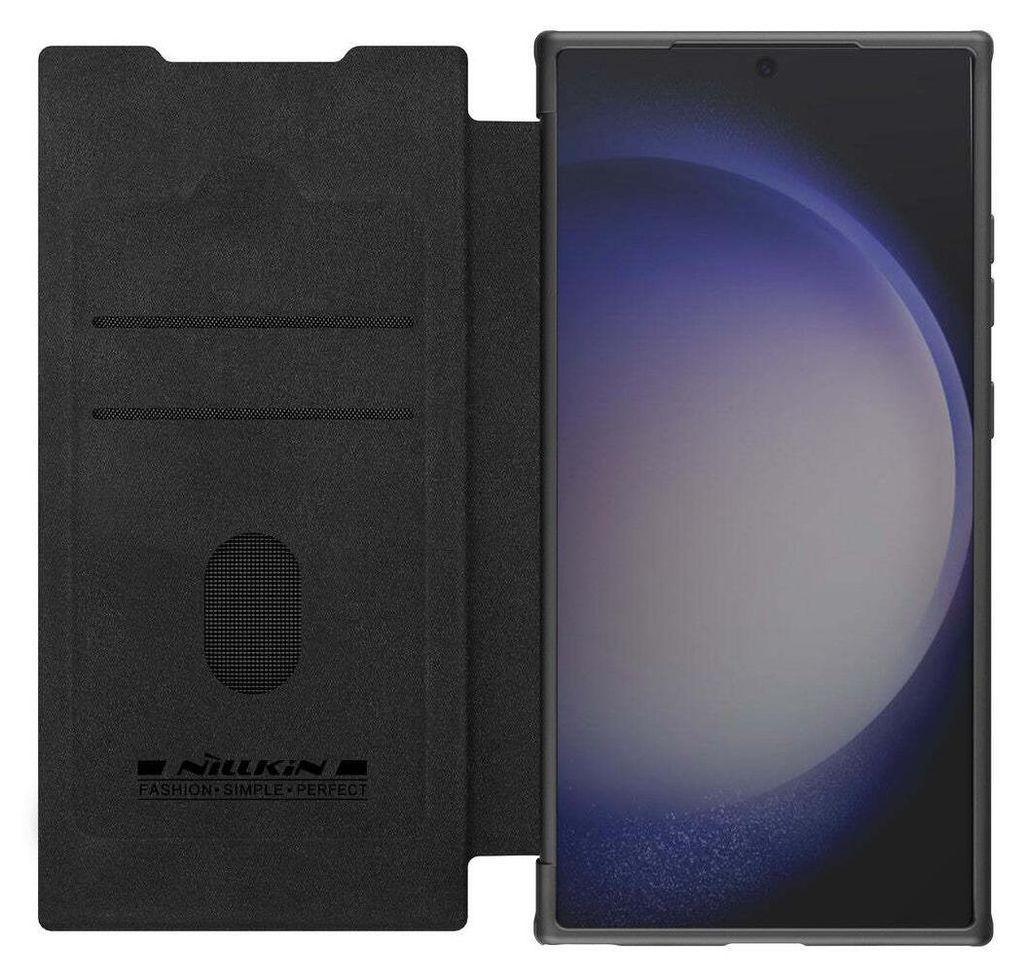 A black flip case for a smartphone is shown open, revealing the phone's screen.