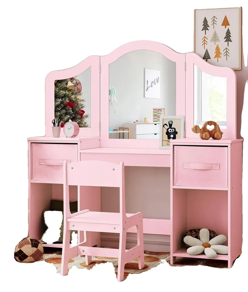 Coiffeuse enfants avec miroir amovible à trois volets en bois MDF