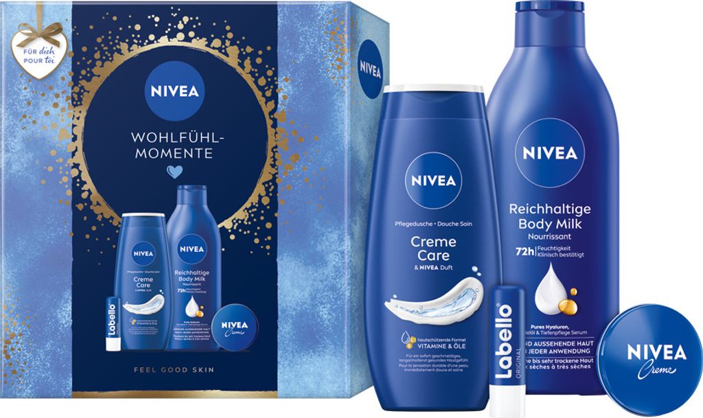 NIVEA Wohlfühl-Momente Geschenkset, Creme + Body Milk + Pflegedusche + Labello