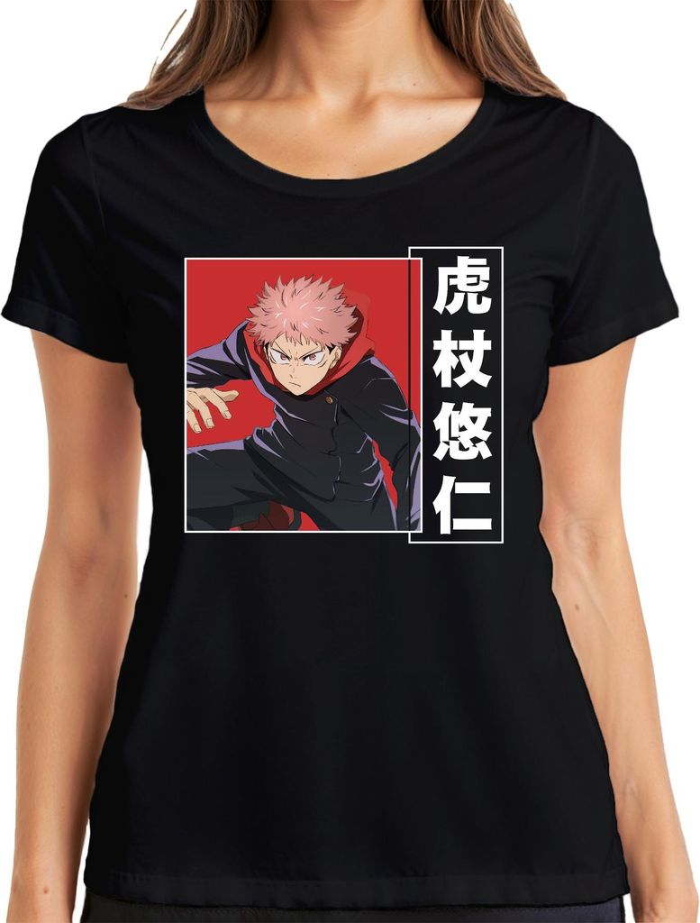 Jujutsu Kaisen Yuji Itadori Anime Manga Geschenk Fan Action Damen T-Shirt, Schwarz, S