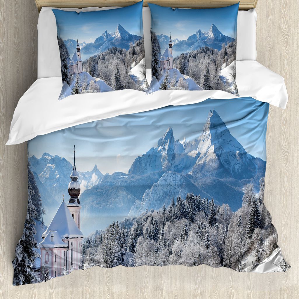 ABAKUHAUS Winter Bettbezug, Bavaran Alpen Deutschland, Milbensicher Allergiker geeignet mit Kissenbezügen, 200 cm x 200 cm - 80 x 80 cm, Blau Weiss