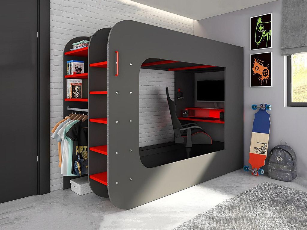 Gamer-Hochbett 90 x 200 cm - Mit Schreibtisch und mit Kommode - Mit LED-Beleuchtung - Anthrazit und rot - WARRIOR