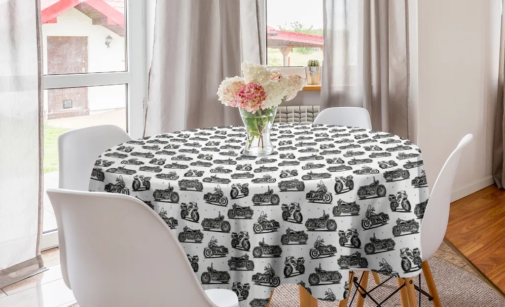 ABAKUHAUS Tovaglia rotonda per moto, disegni in stile retrò, tovaglia circolare per decorare la sala da pranzo e la cucina, 150 cm, grigio, bianco, nero