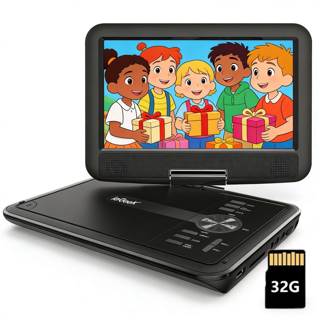 ieGeek 11,5" Tragbarer DVD-Player Mit 9,5" HD-Schwenkbildschirm Für Das Auto, Mit Autoladegerät Unterstützt 5 Stunden Wiedergabe mit 32GB TF-Karrte