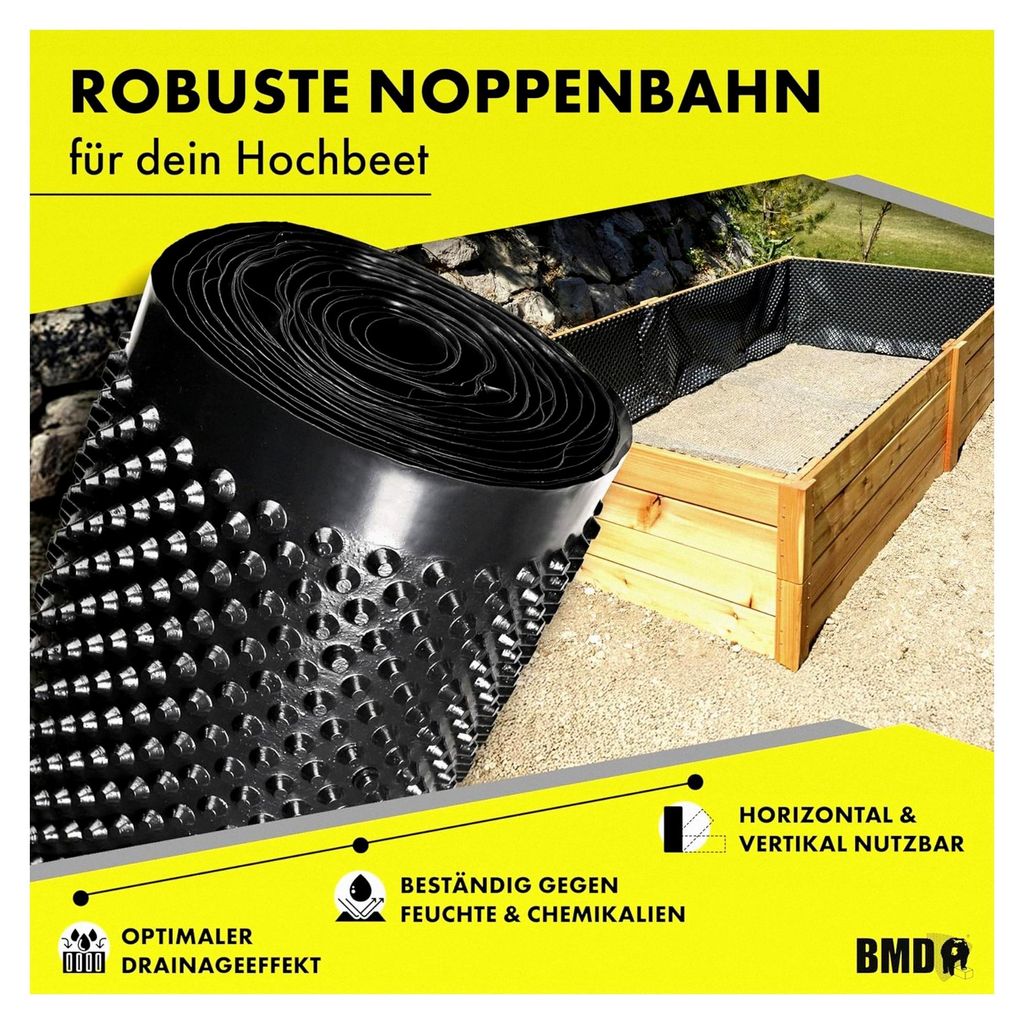 Hochbeetfolie | 0,5m x 20m | ohne Weichmacher | trinkwasserbeständig | Noppenbahn für Hochbeete | Grundmauerschutz | Drainage | 20m² Noppenfolie...