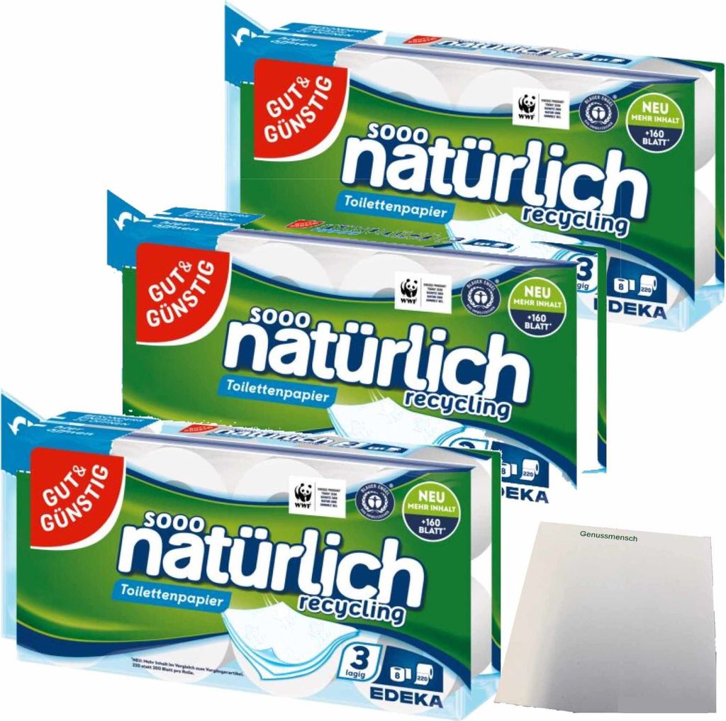 Gut & Günstig Recycling Toilettenpapier 3er Pack 3-lagig (3x10 Rollen x 200 Blatt) + usy Block