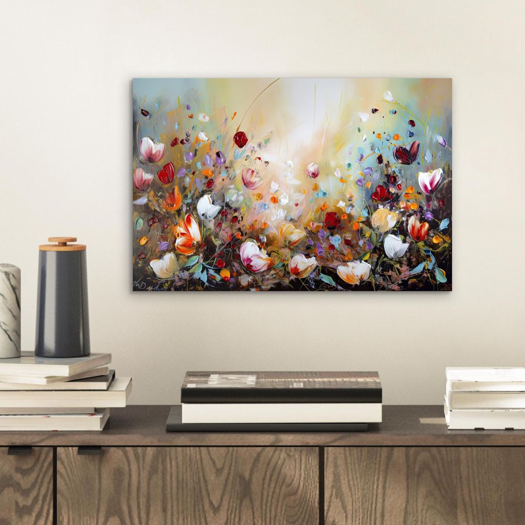 MuchoWow Wanddekoration Metall Metallbild Wandkunst 30x20 cm Ölfarben - Blumen - Farbenfroh - Natur MuchoWow Aluminium Gemälde - Aluminiumgemälder