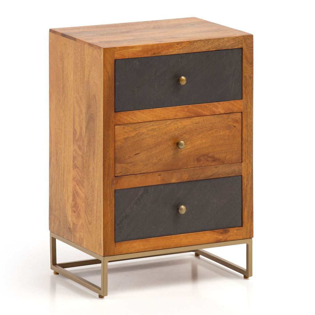 Nachttisch Mango Massivholz / Steinoptik 40x60x30 cm Nachtschrank Boxspringbett, Design Nachtkonsole Braun mit 3 Schubladen, Nachtkommode mit Staur...