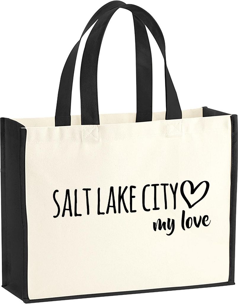 Huuraa Jutetasche Salt Lake City my love 21 Liter Black Jute und Baumwolle Einkaufstasche Geschenkidee