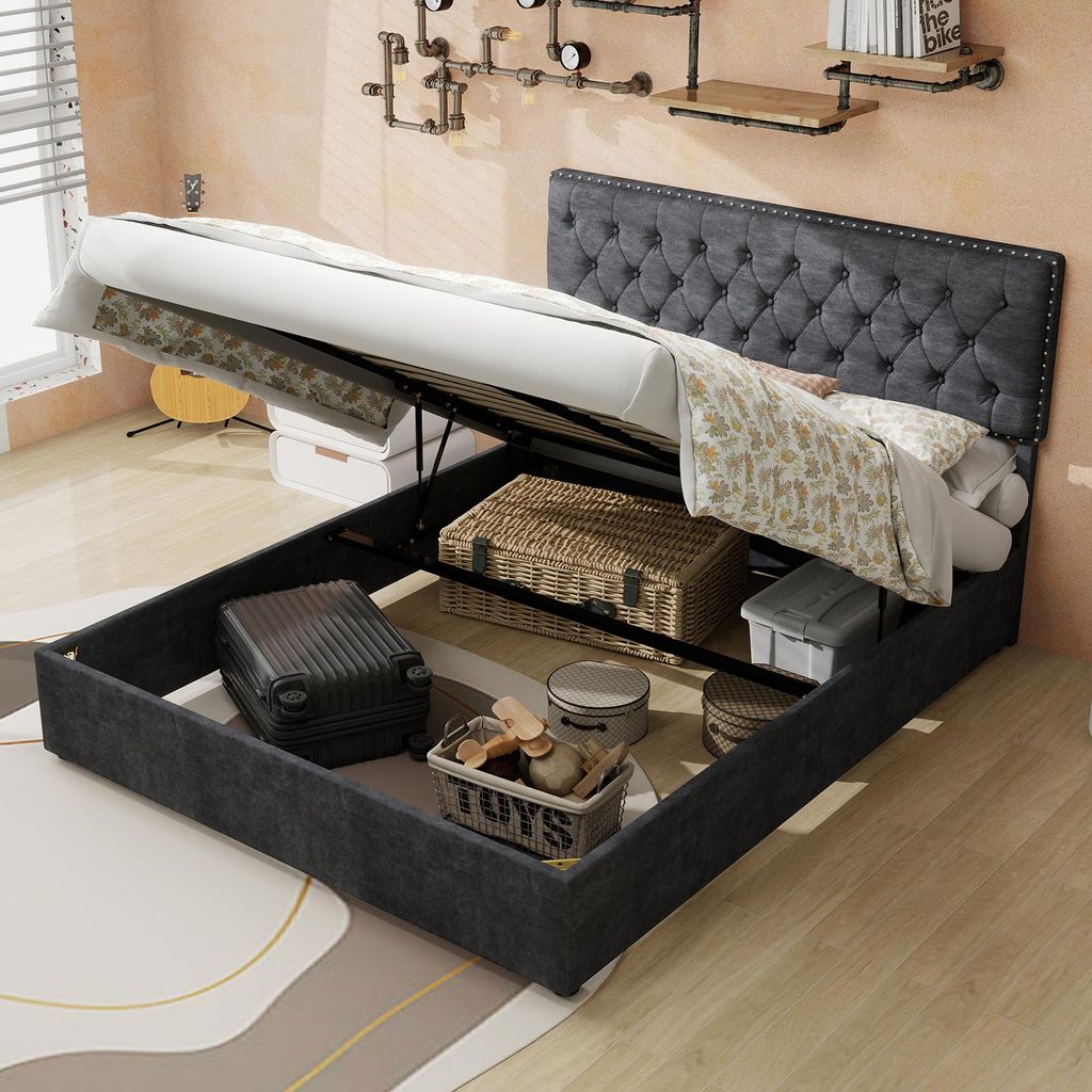 okwish Jugendbett 140x200 Bodenbett mit pneumatischer Stange,Stauraumbett Bettgestell mit Bettkasten und hoher Kastenbettkörper,Grau(ohne Matratze)