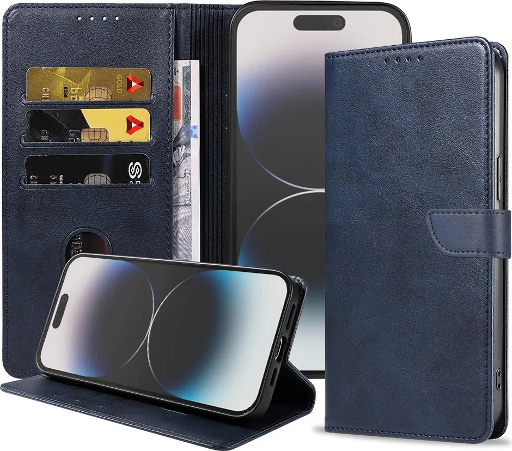 Custodia per iPhone 14 Pro Max in ecopelle con labbro magnetico e portacarte a libro con patta - Blu - Smartphonica