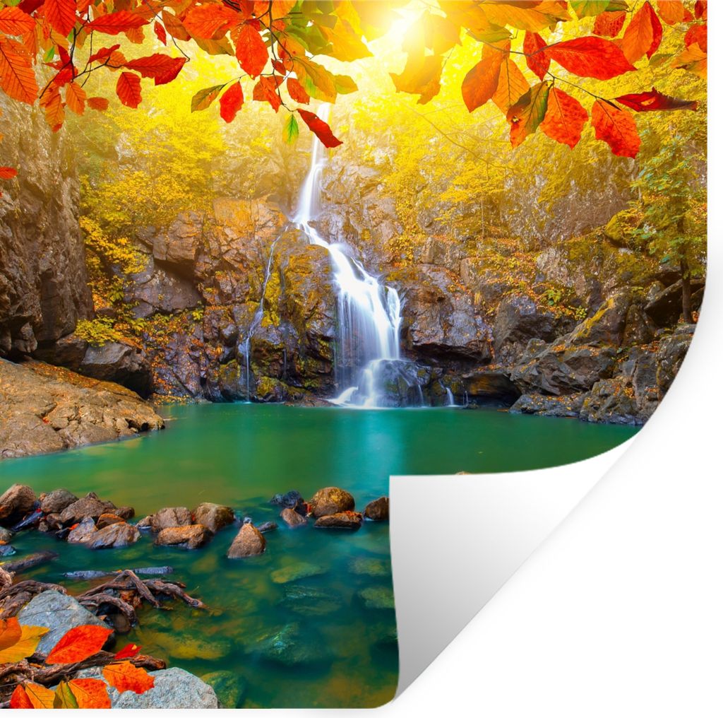 MuchoWow Wandtattoo Wandsticker Wandaufkleber Steine - Baum - Wasserfall - Herbst - Rot 30x30 cm Selbstklebend und Repositionierbar - Repositioni...