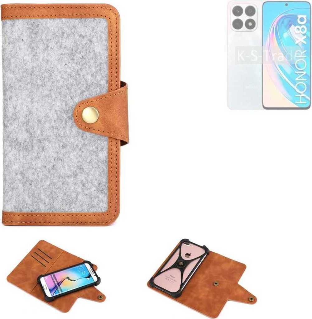 K-S-Trade Handyhülle kompatibel mit Honor X8a 5G Schutzhülle Filz-Hülle Kunst-Leder hellgrau braun (1x)