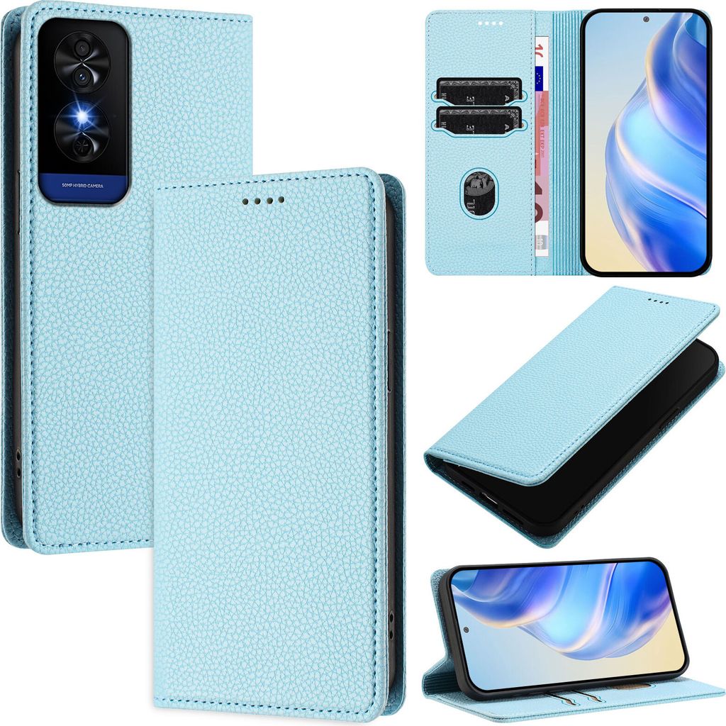 Litchi Leder Handyhülle für TCL 50 5G/TCL 50 XE NxtPaper/TCL 50 XE 5G Wallet Kartenfächer Standfunktion Hülle Hellblau