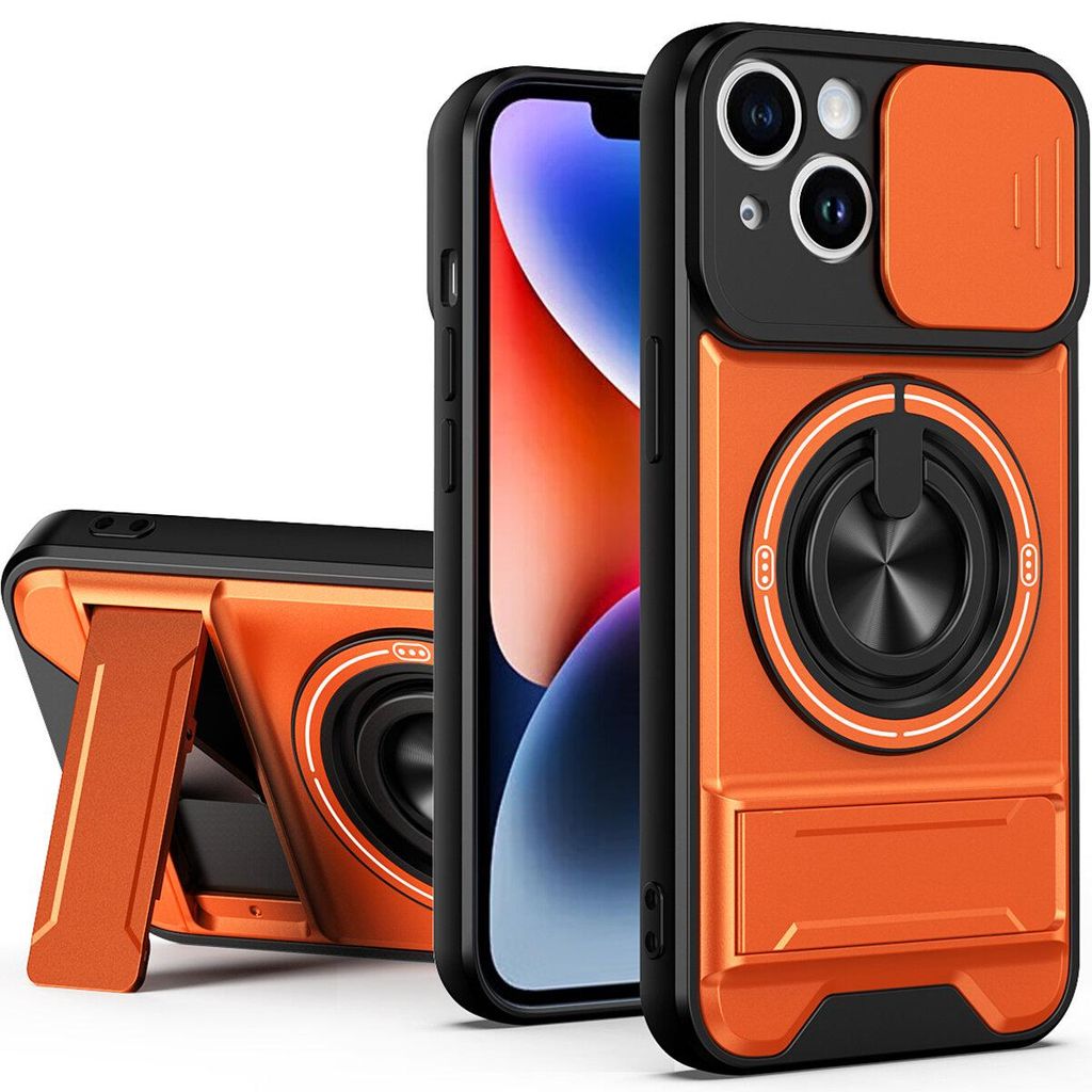 Magnetisch Hülle für iPhone 14 Militär Stoßfest Hülle mit Dia Kameraschutz und Ringhalter Ständer Orange