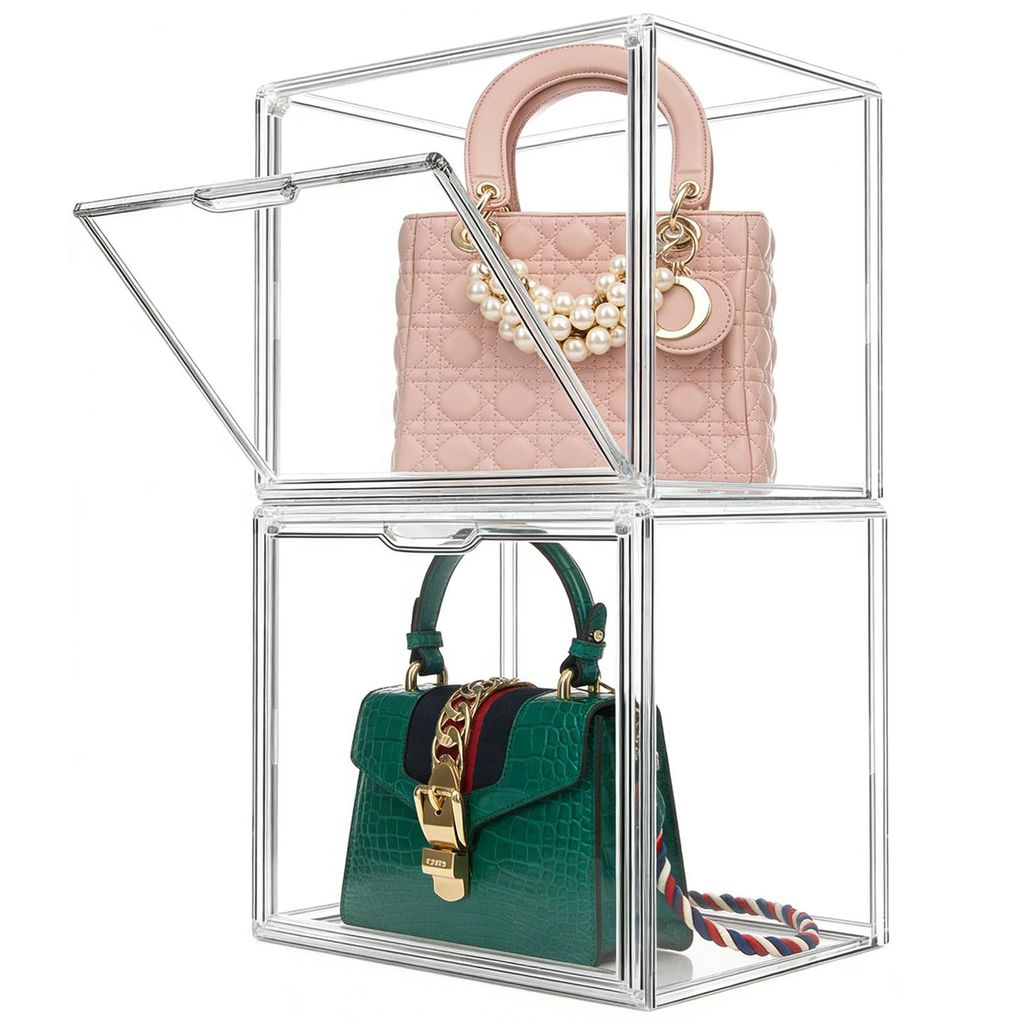 2 Stück Transparente Acryl-Displaybox 36x22x27 cm, Handtaschen Trenner Organizer, Magnettür-Design Aufbewahrungsbox Vitrine für Spielzeug Handta...