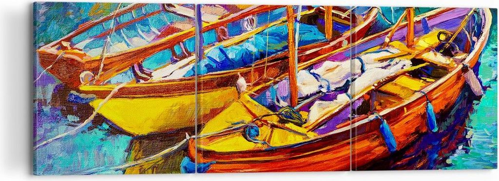 Bild auf Leinwand - Leinwandbild - Boote Bunt Angeln Wasser - 120x40cm - Wand Bild - Wanddeko - Leinwanddruck - Bilder - Kunstdruck - Wanddekoratio...