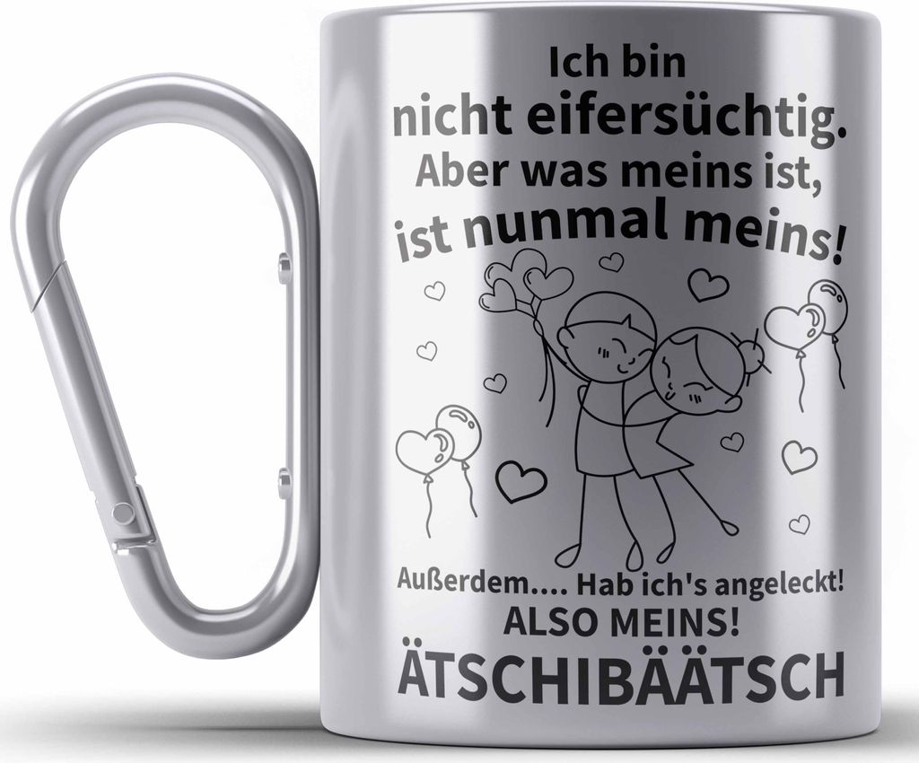 Trendation - Valentinstag Geschenk Freund Freundin Edelstahl Tasse Karabiner Spruch Lustig Ich hab's Angeleckt Geschenkidee Frau Mann Spruch (Silber)