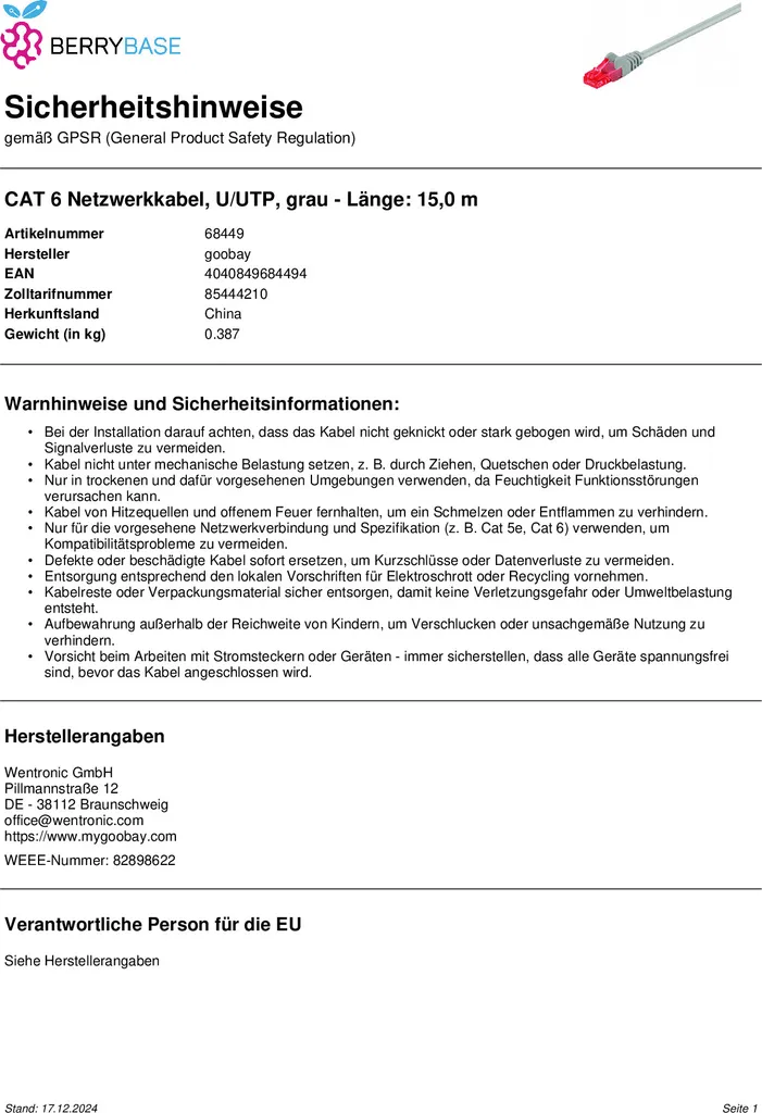 Goobay Cavo Patch CAT 6 U/UTP Grigio - Connessione LAN Gigabit Stabile - 5