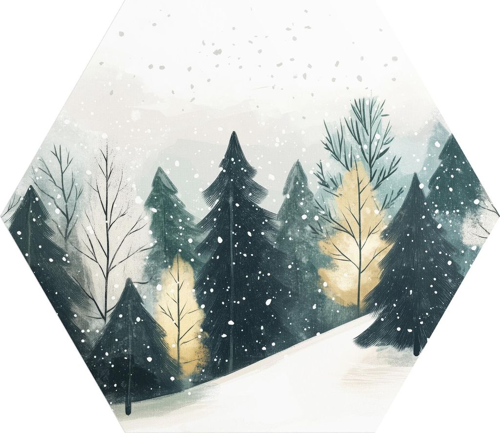 DEQORI Fototapete Sechseck 55x47,6 cm 'Winterruhe im Tannenwald' Wand Tapete Sticker