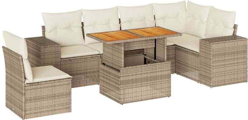 7-tlg. Garten-Sofagarnitur mit Kissen Beige Poly Rattan
