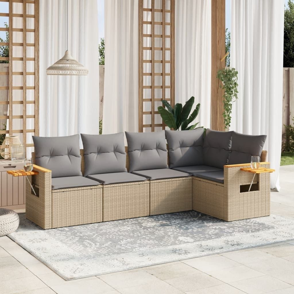 Design 5-tlg. Garten-Sofagarnitur mit Kissen Beige Poly Rattan, Gartenmöbel-Sets 2024 Neu