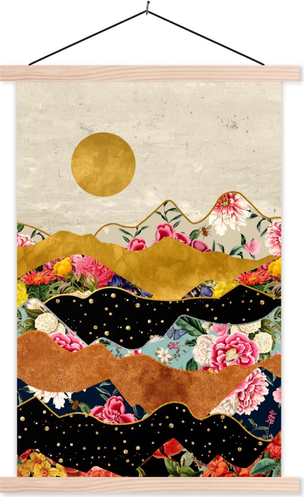 MuchoWow Textilposter Gold - Blumen - Druck - Abstrakt - Landschaft - Muster 120x180 cm mit holzfarbenen Rahmen - Textil-Plakat