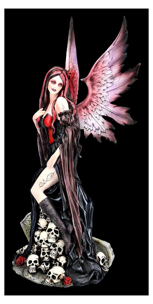 Gothic Elfen Figur Mystique mit Schädelberg 39,5 cm | Engel Statue Totenkopf Dunkler Engel