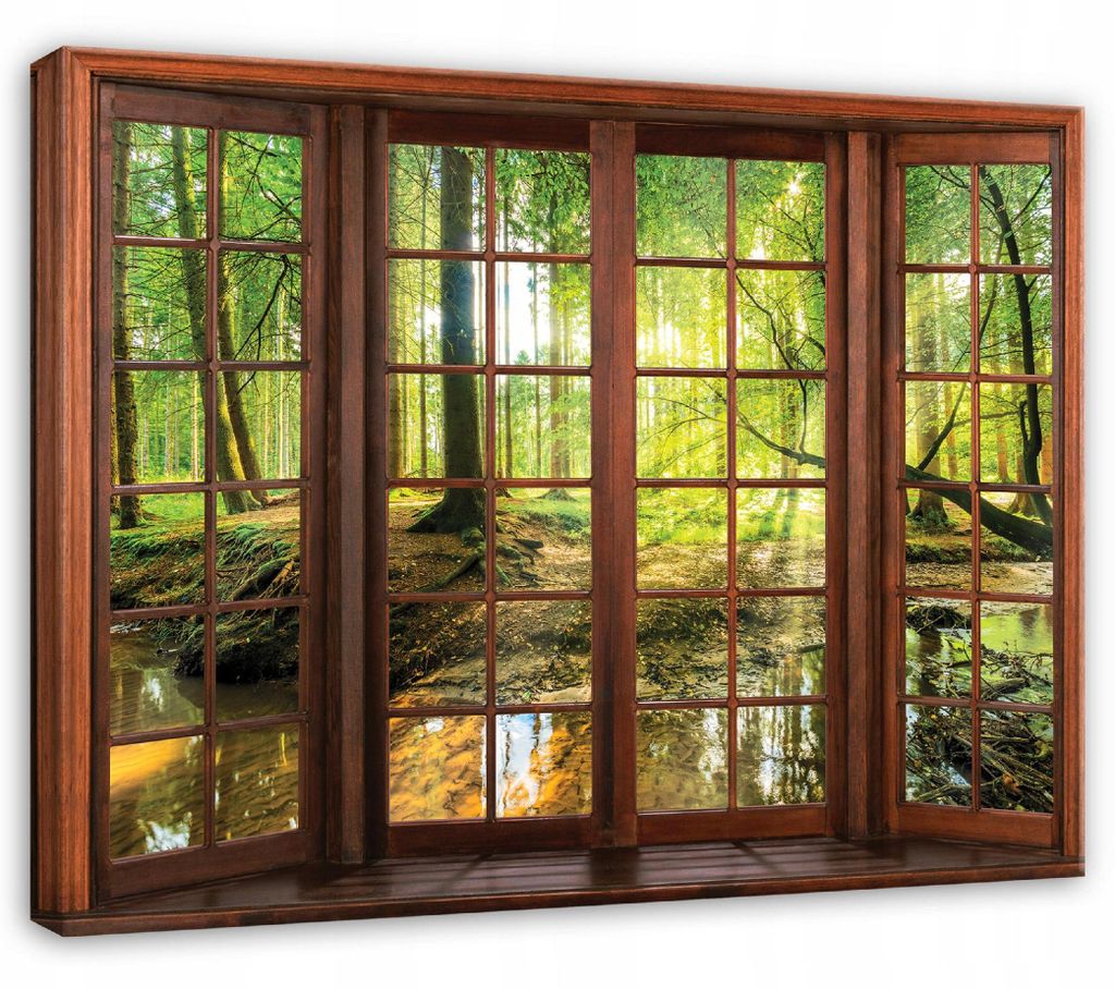 Leinwandbild 3D-Fenster Wald Natur - 100x70 cm - Wandbilder Wohnzimmer Schlafzimmer - Leinwand Leinwandbild Grün - PP14208O1