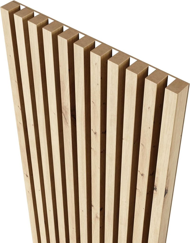 MEBANO. Akustikpaneele auf Weißplatte - 4 Stücke x (240x18,5 cm), Eiche Artisan, Wanddeko Lamellen aus MDF, Wandverkleidung, Paneele Wand Wohnzim...