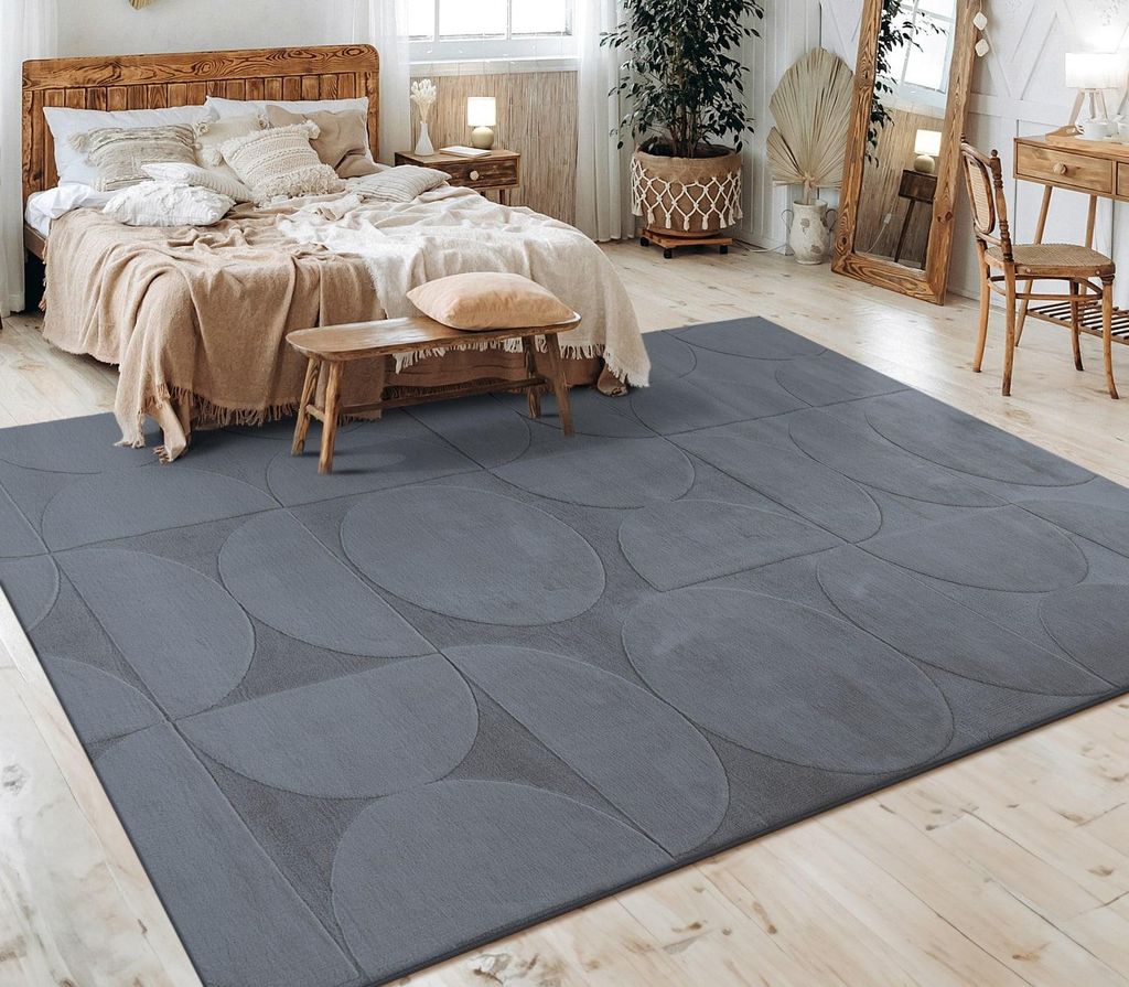 Teppich Kurzflor waschbar Unifarben Struktur Wohnzimmer schmutzabweisend Anthrazit Rechteckig 160x220 | 100% Polyester | Florhöhe: 10 mm