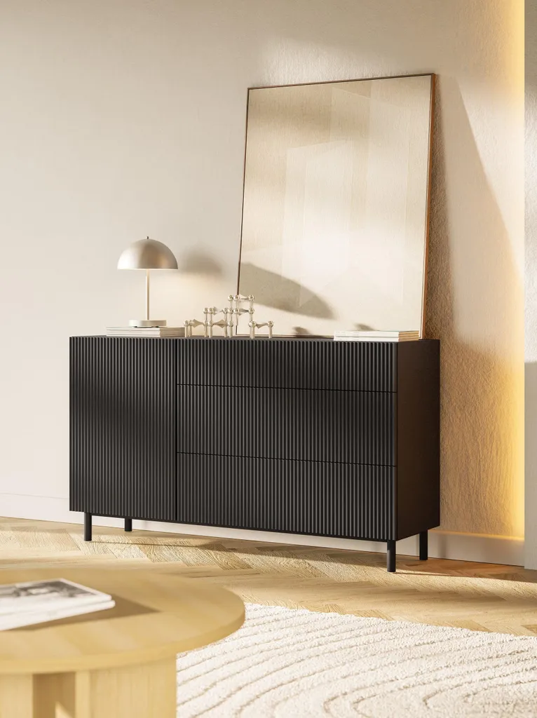 Buffet Noir à Façade Rainurée Veldio New 140 cm Style Design Moderne - 3