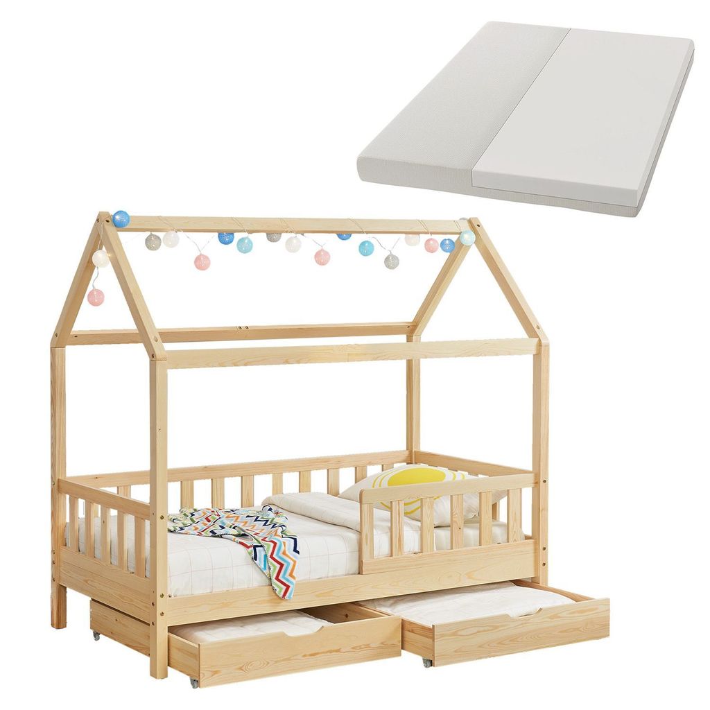 Juskys Kinderbett Marli 80 x 160 cm mit Matratze, Bettkasten, Lattenrost & Dach - Holz Natur