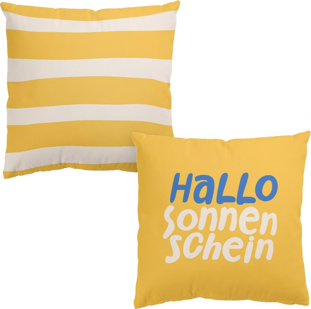 Dekokissen 2-teilig Sprüche drinnen / Indoor Zierkissen Canvas waschbar Streifen gelb Pop Art Sofakissen ohne Füllung