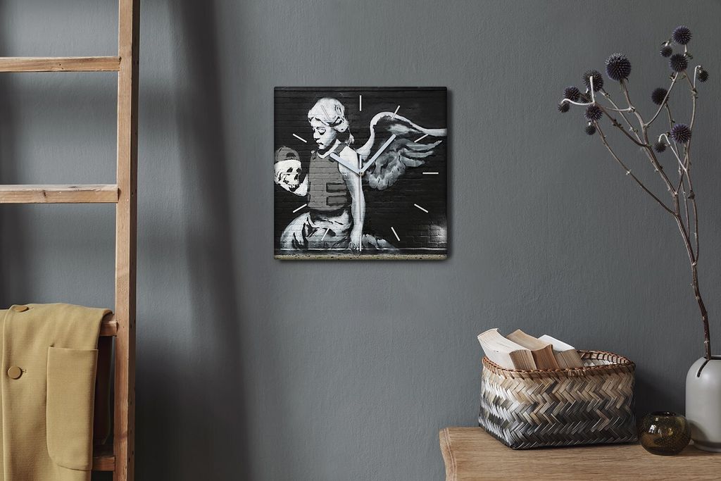 Coloray Hodiny Unikátní 30x30 cm Tiché hodiny Pro obývací pokoj a kuchyň Nástěnné hodiny Plátno Bílé ručičky hodin - Angel Armor Banksy