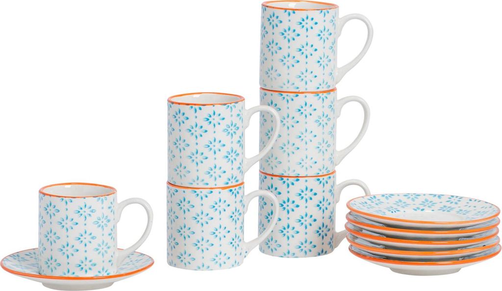 Nicola Spring 12-teiliges handbedrucktes Espressotassen- und Untertassen-Set – 65 ml – Blau