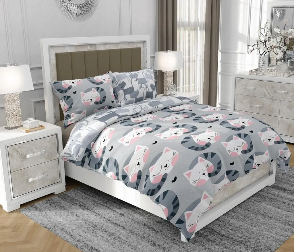 Biancheria Letto Cotone Gatto 160x200 cm SOVIO | Design Esclusivo 3 Pezzi