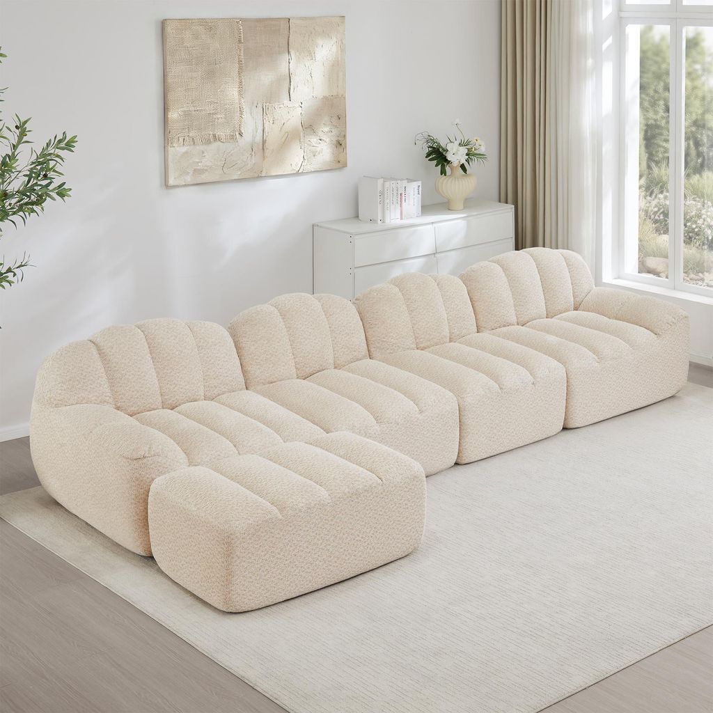 4-Sitzer Modulares Sofa mit 1 Ottomane, Muschelform, Boneless Design, 32D Hochdichtschaum, tiefe Sitzfläche, weicher Stoff, Wohnzimmer Couch