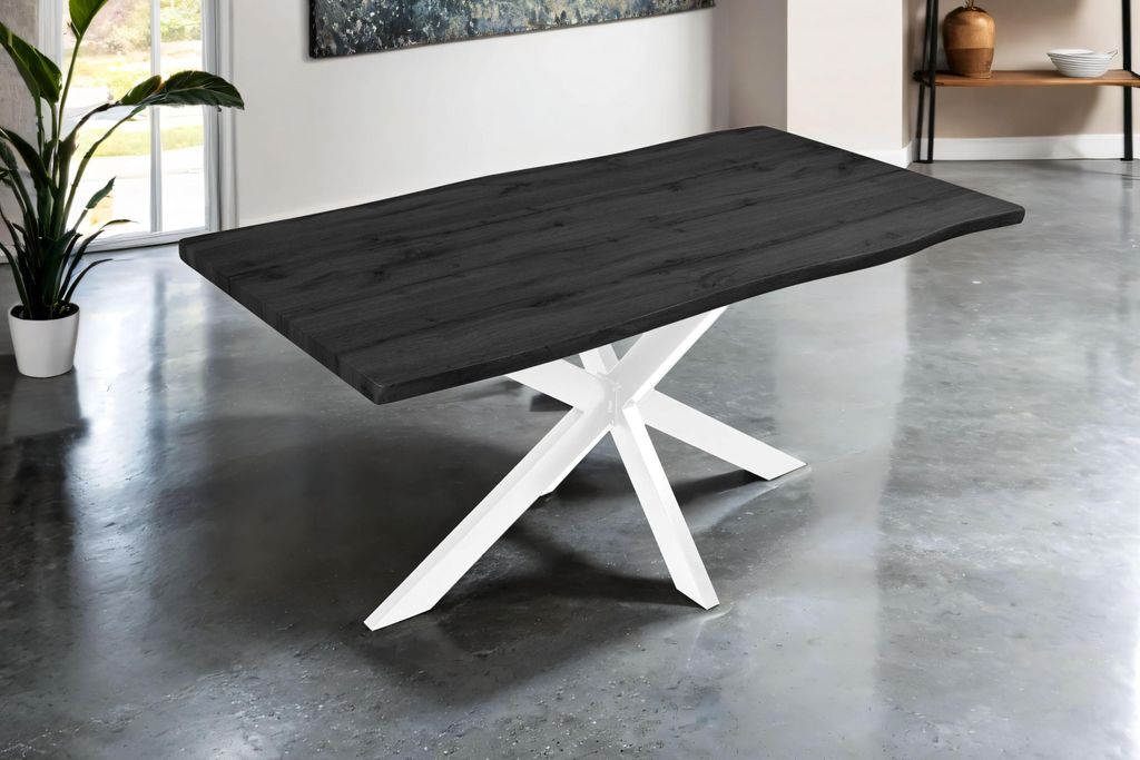 Esstisch 160x85 cm Baumkante Holz Grau-Optik Spider-Gestell Metall weiß JOSY